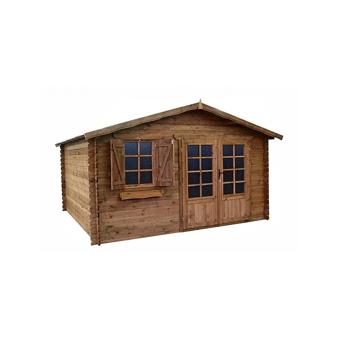 Gartenhaus, Gerätehaus 16m2 - 4x4m - 28mm - Imprägniert -  - Braunes Gartenhaus aus Holz mit Giebeldach, Fenster mit Fensterläden und Doppeltüren mit Fenstern.
