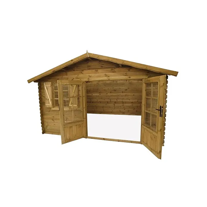 Gartenhaus, Gerätehaus 16m2 - 4x4m - 28mm - Imprägniert -  - Hölzerne Gartenhausstruktur mit offener Vorderseite und geöffneten Doppeltüren, aus Naturholz.