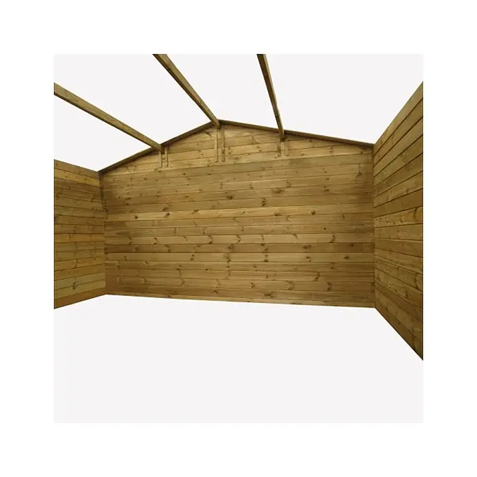 Gartenhaus, Gerätehaus 16m2 - 4x4m - 28mm - Imprägniert -  - Innenansicht eines unbehandelten Holzschuppens mit horizontalen Holzplankenwänden und sichtbaren Dachbalken.