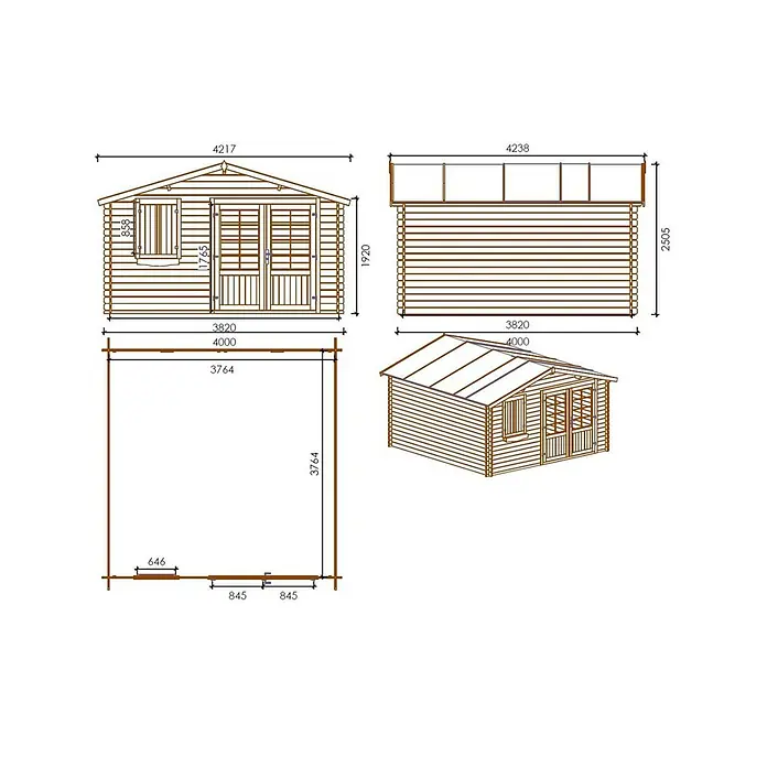 Gartenhaus, Gerätehaus 16m2 - 4x4m - 28mm - Imprägniert -  - Architekturzeichnungen und eine isometrische Ansicht eines Holzgartenhauses mit Bemaßungen für den Bau.