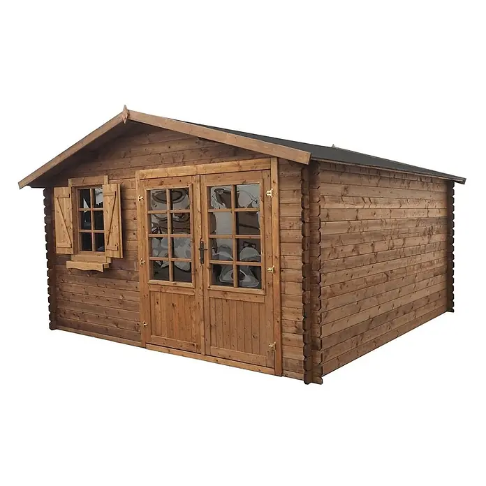 Gartenhaus, Gerätehaus 16m2 - 4x4m - 28mm - Imprägniert -  - Braunes Gartenhaus aus Holz mit Giebeldach, zwei verglasten Türen und einem Fenster mit Fensterläden.