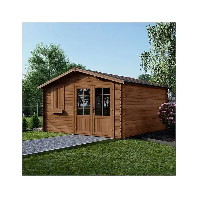 Gartenhaus, Gerätehaus 16m2 - 4x4m - 28mm - Imprägniert -  - Braunes Holzgartenhaus mit Doppeltür und Fenster in Gartenumgebung.