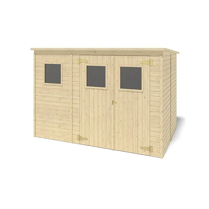 Gartenhaus, Gerätehaus 4.86m2 - 2.7x1.8m -  - Heller Holzschuppen mit Pultdach, drei quadratischen Fenstern und Doppeltüren.