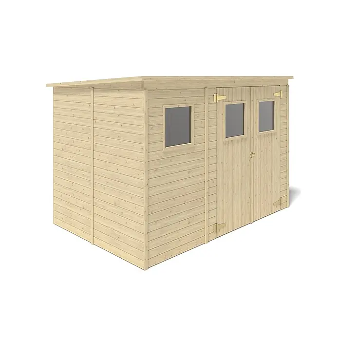 Gartenhaus, Gerätehaus 4.86m2 - 2.7x1.8m -  - Heller Holzschuppen mit Flachdach, einem Seitenfenster und Doppeltüren mit zwei Fenstern vorne.