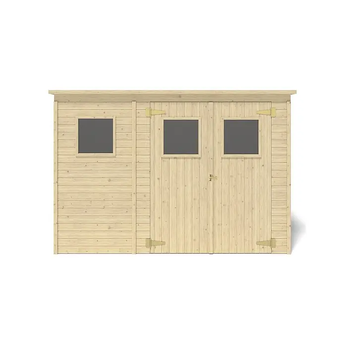 Gartenhaus, Gerätehaus 4.86m2 - 2.7x1.8m -  - Heller Holzschuppen mit Doppeltüren, drei dunklen Fenstern und messingfarbenen Beschlägen.