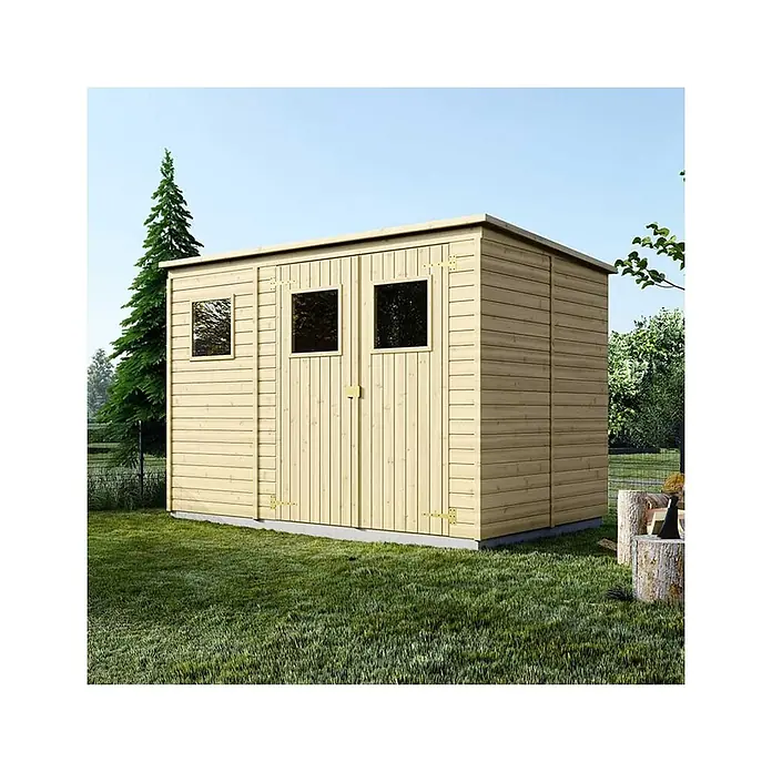 Gartenhaus, Gerätehaus 4.86m2 - 2.7x1.8m -  - Helle Holzgartenlaube mit Flachdach, zwei Fenstern und Doppeltüren, auf grauem Fundament im grünen Garten.