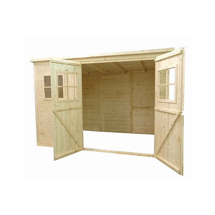 Gartenhaus, Gerätehaus 4.86m2 - 2.7x1.8m -  - Heller Holzgartenhaus mit weit geöffneten Doppeltüren und zwei Fenstern.
