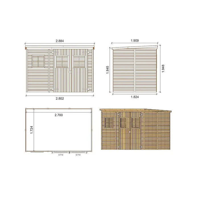 Gartenhaus, Gerätehaus 4.86m2 - 2.7x1.8m -  - Gartenhaus aus Holz mit technischen Zeichnungen und einer Renderansicht, inklusive Maßen.