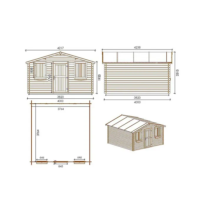 Gartenhaus, Gerätehaus 16m2 - 4x4m - 28mm -  - Technische Zeichnungen und isometrische Ansicht eines Holzgartenhauses mit Maßen und Details.