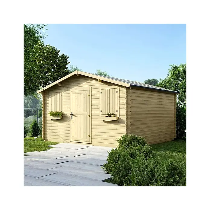 Gartenhaus, Gerätehaus 16m2 - 4x4m - 28mm -  - Helles Holzgartenhaus mit Tür und zwei kleinen Fenstern, in einem Garten mit Steinweg.
