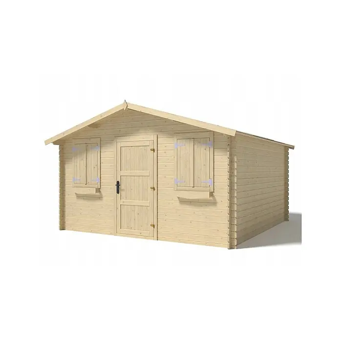 Gartenhaus, Gerätehaus 16m2 - 4x4m - 28mm -  - Helles Holzgartenhaus mit Satteldach, Vordertür und zwei Fensterläden mit Blumenkästen.