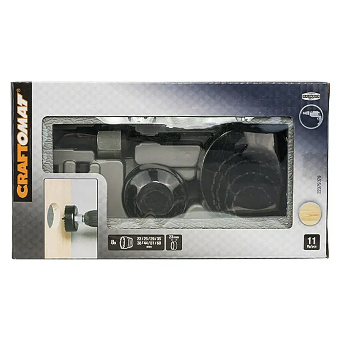 Craftomat Set de sierras de corona - 11 pzs., 22 mm - 68 mm, Acero, Profundidad de corte: Máx. 23 mm - Un juego de sierras de corona Craftomat con varios accesorios y tamaños para hacer agujeros precisos en madera y otros materiales.
