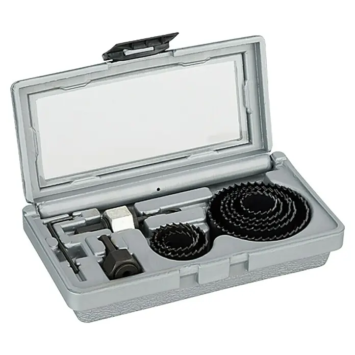 Craftomat Set de sierras de corona - 11 pzs., 22 mm - 68 mm, Acero, Profundidad de corte: Máx. 23 mm - Un juego de sierras de corona en una caja de almacenamiento gris con tapa transparente, ideal para hacer agujeros precisos.