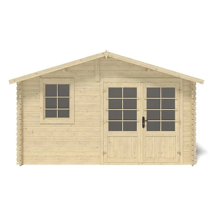 Gartenhaus, Gerätehaus 12m2 - 4x3m - 28mm -  - Vorderansicht eines hellen Gartenhauses aus Holz mit Giebeldach, einem Fenster und Doppeltüren mit Glaseinsätzen.