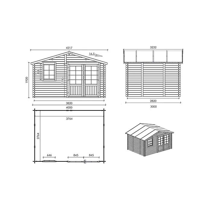 Gartenhaus, Gerätehaus 12m2 - 4x3m - 28mm -  - Technische Zeichnungen und isometrische Ansicht eines Holzgartenhauses mit detaillierten Baumaßen.