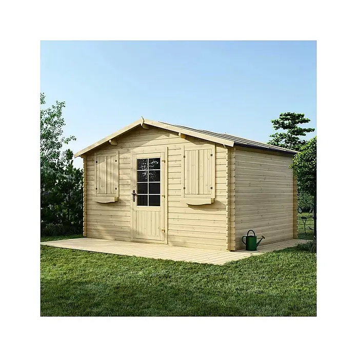 Gartenhaus, Gerätehaus 12m2 - 4x3m - 28mm -  - Helles Gartenhaus aus Holz mit kleiner Terrasse und Fenstertür.