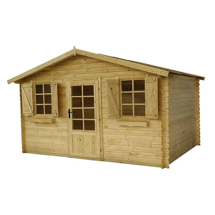 Gartenhaus, Gerätehaus 12m2 - 4x3m - 28mm -  - Helles Gartenhaus aus Holz mit Giebeldach, zwei Fenstern mit Fensterläden und einer Mitteltür.