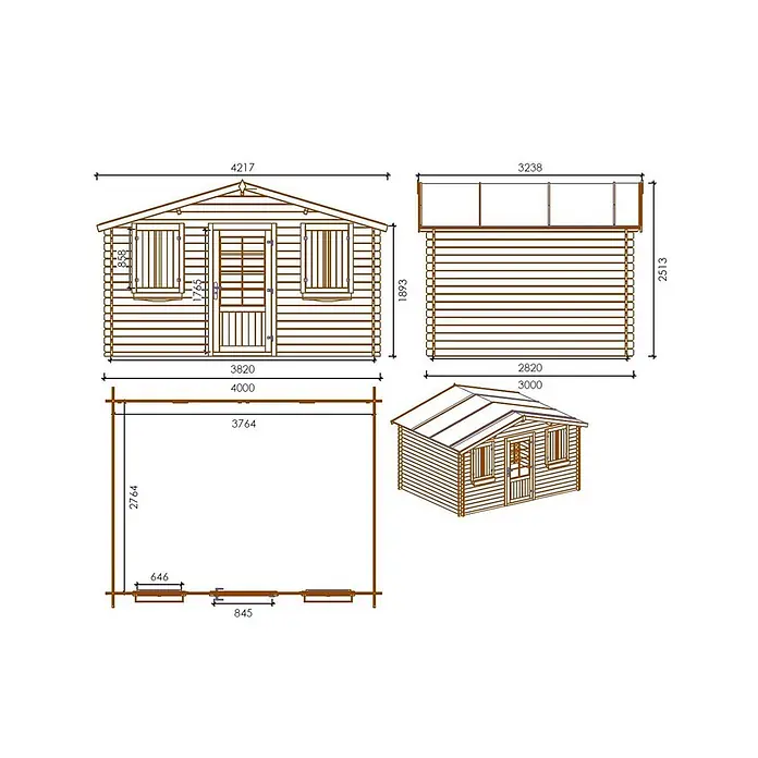 Gartenhaus, Gerätehaus 12m2 - 4x3m - 28mm -  - Baupläne eines Holzgartenhauses mit detaillierten Maßen und isometrischer Ansicht, inklusive Vorder-, Seiten- und Draufsicht.