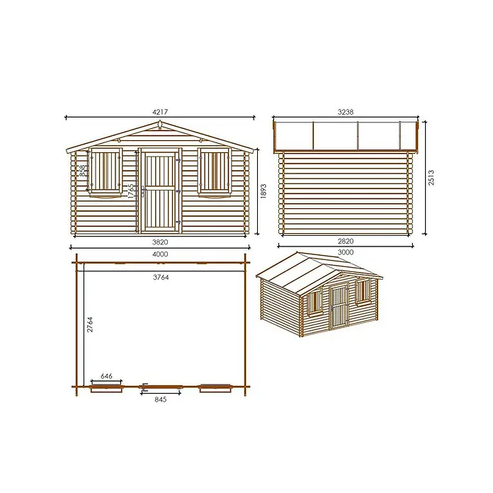 Gartenhaus, Gerätehaus 12m2 - 4x3m - 28mm -  - Architekturzeichnungen und isometrische Ansicht eines Holzgartenhauses mit Giebeldach, Tür und Fenstern, inklusive Maßen.