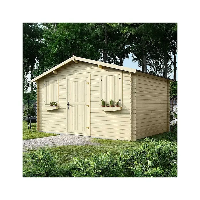 Gartenhaus, Gerätehaus 12m2 - 4x3m - 28mm -  - Heller Holzgartenhaus mit Satteldach, Doppeltür und Fensterläden mit Blumenkästen, in einem grünen Garten.