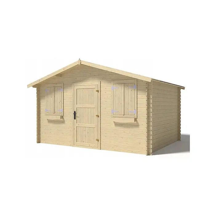 Gartenhaus, Gerätehaus 12m2 - 4x3m - 28mm -  - Gartenhaus aus hellem Holz mit Giebeldach, Tür und zwei Fensterläden.