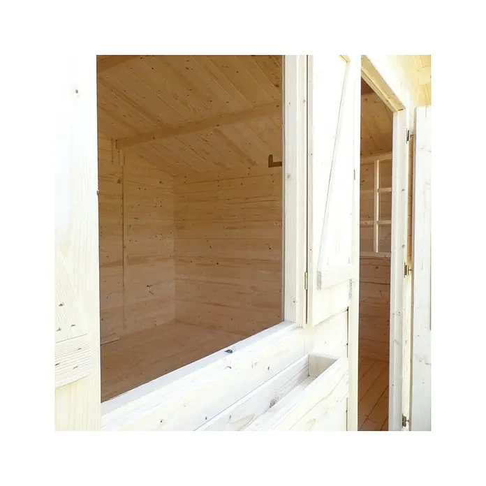 Gartenhaus, Gerätehaus 12m2 - 4x3m - 28mm -  - Innenansicht eines hellen Holzgartenhauses mit Dielenwänden, Boden und Decke durch ein offenes Fenster und eine Tür. Leere Holzhütte.