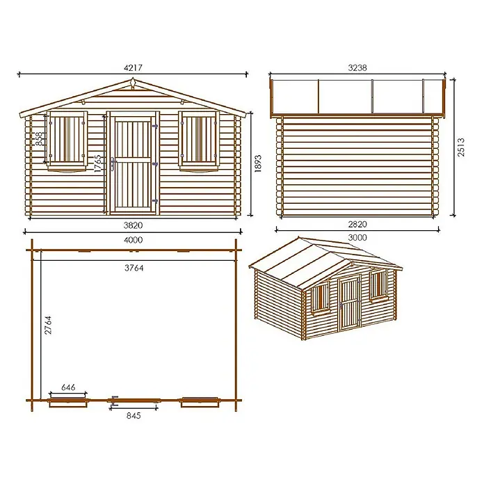 Gartenhaus, Gerätehaus 12m2 - 4x3m - 28mm - Imprägniert -  - Detaillierte Architekturpläne eines Holzgartenhauses mit Vorder-, Seiten- und Draufsicht sowie isometrischer Projektion und Abmessungen.