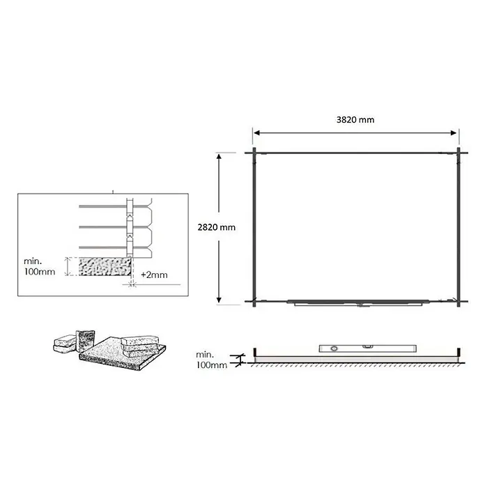 Gartenhaus, Gerätehaus 12m2 - 4x3m - 28mm - Imprägniert -  - Technische Zeichnung für ein ebenes Fundament: Maße 3820x2820mm, min. 100mm Unterbau, 2mm Toleranz für Produktinstallation.