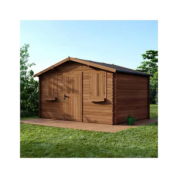 Gartenhaus, Gerätehaus 12m2 - 4x3m - 28mm - Imprägniert -  - Braunes Gartenhaus aus Holz mit Tür und zwei Fensterläden auf einer Holzterrasse im Grünen.