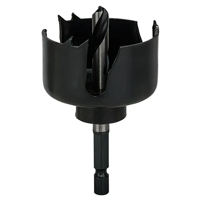 Craftomat Lochsäge - 48 mm, Durchmesser Schaft: ¼″ Hex - Ein Bohrkronen-Aufsatz mit Zentrierbohrer und schwarzem Schaft für präzise und saubere Bohrungen in verschiedenen Materialien.