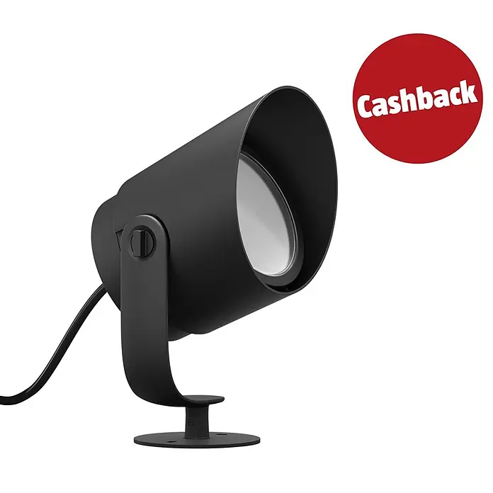 Philips Hue LED-Gartenspot Lily - Höhe: 19 cm - Schwarzer Strahler mit rundem Sockel, verstellbarem Kopf, sichtbarem Kabel und rotem 'Cashback'-Aufkleber.