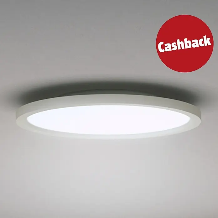 Philips Hue LED-Panel rund White Ambience Aurelle - 21 W, Ø x H: 39,5 x 4,7 cm, Weiß, Warmweiß - Runde weiße LED-Deckenleuchte mit rotem „Cashback“-Aufkleber.
