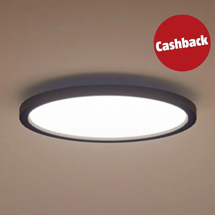 Philips Hue LED-Panel rund White Ambience Aurelle - 21 W, Ø x H: 39,5 x 4,7 cm, Schwarz, Warmweiß - Runde, dunkelgraue LED-Deckenleuchte an der Decke montiert, strahlt hellweißes Licht aus.
