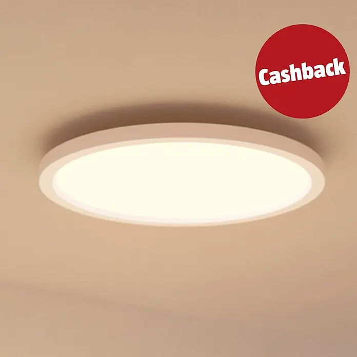 Philips Hue LED-Panel rund White & Color Ambiance Surimu - 60 W, Weiß, Opal, RGBW - Weiße runde LED-Deckenleuchte spendet sanftes Licht an einer hellen Decke, mit "Cashback"-Aufkleber.