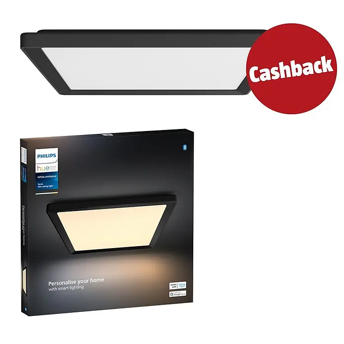 Philips Hue LED-Panel White Ambiance Tento M - 15,4 W, L x B x H: 39,5 x 39,5 x 3,7 cm, Schwarz, Mehrfarbig - Schwarze Philips Hue Tento Slim LED-Deckenleuchte mit weißer Platte und „Cashback“-Aufkleber, zusammen mit ihrer schwarzen Verpackung.