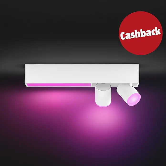 Philips Hue LED-Deckenstrahler White & Color Ambiance Centris - 53,1 W, L x B x H: 8,5 x 40,8 x 12,7 cm, Weiß, RGBW, 3 Stk. - Weiße Deckenleuchte mit Linearbeleuchtung und zwei verstellbaren Strahlern, die pinkes Licht werfen.