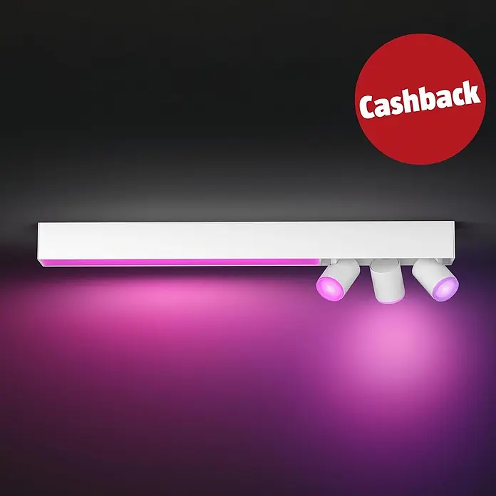 Philips Hue LED-Deckenstrahler White & Color Ambiance Centris - 53,1 W, L x B x H: 8,5 x 78,2 x 12,7 cm, Weiß, RGBW, 4 Stk. - Weiße lineare LED-Schiene mit drei schwenkbaren Spots, die pink-violettes Licht werfen, und einem roten 'Cashback'-Sticker.