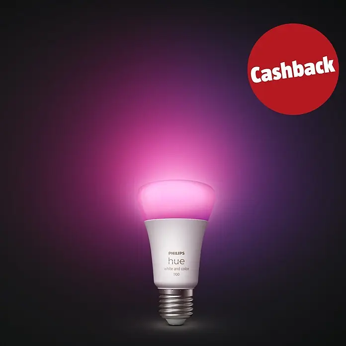 Philips Hue Smart-LED-Lampen-Set White & Color - E27, Dimmbar, RGBW, 1.100 lm, 9 W, 1 Stk. - Weiße Philips Hue Smart-Birne leuchtet pink, mit "Cashback"-Aufkleber.