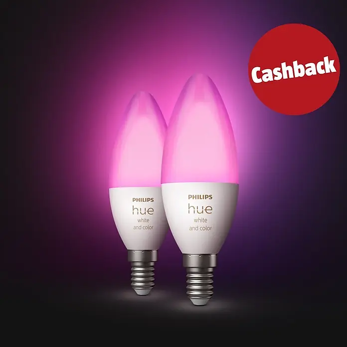 Philips Hue Smart-LED-Lampen-Set - E14, Dimmbar, RGBW, 470 lm, 5,3 W - Zwei Philips Hue White and Color Kerzen-Smart-Glühbirnen leuchten pink-lila.