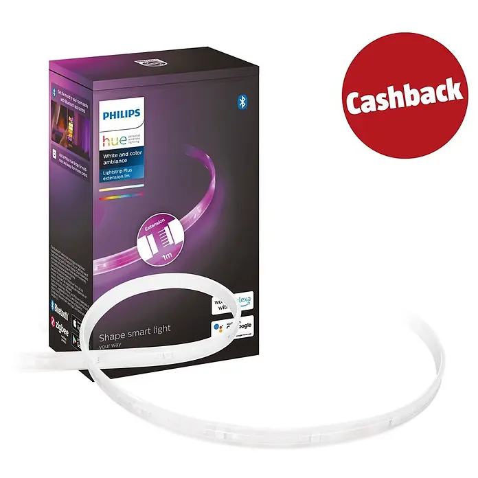 Philips Hue LED-Band Plus Erweiterung - 1 m, RGBW - Verpackte Philips Hue Lightstrip Plus 1m Erweiterung in Weiß- und Farbambiente mit 'Cashback'-Sticker.