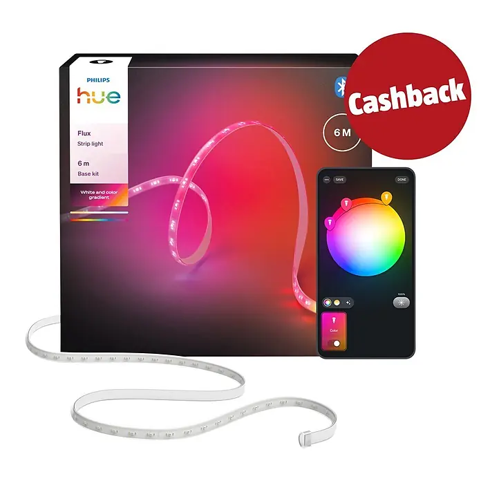 Philips Hue LED-Stripes White and Color Gradient Base Kit Flux - Länge: 6 m, Lichtfarbe: RGBW, 2.000 lm, 20 W - Philips Hue Flux 6m LED-Lichtstreifen Basiskit mit Verpackung, App und "Cashback"-Hinweis.