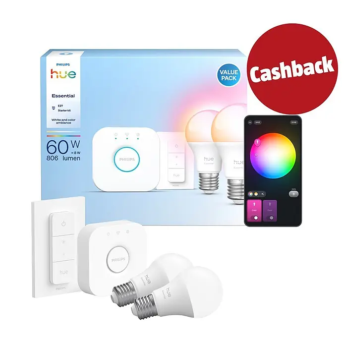 Philips Hue Smart-LED-Lampe Set Essential mit Dimmcontroller, Steuerzentrale - 8 W, RGBW, 806 lm, 1 Stk. - Philips Hue E27 Starter Kit mit Cashback-Sticker: weißes Smart-Beleuchtungssystem (Bridge, zwei Glühbirnen, Dimmschalter, App-Oberfläche).