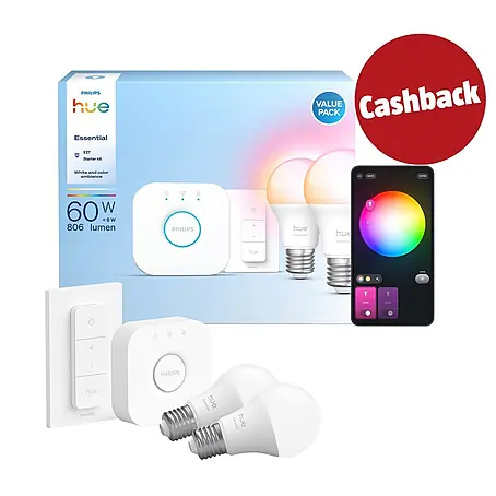 Philips Hue Smart-LED-Lampe Set Essential mit Dimmcontroller, Steuerzentrale