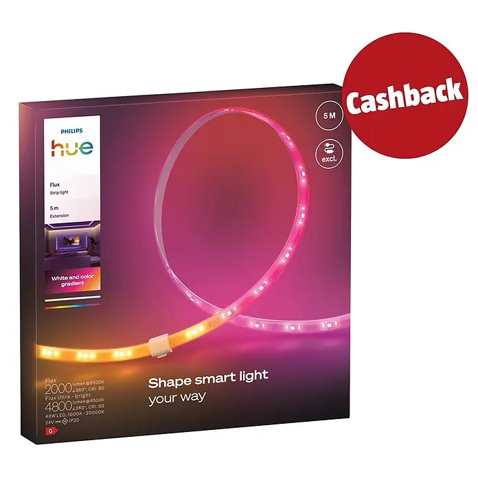 Philips Hue LED-Stripes White and Color Gradient Erweiterung Flux - Länge: 5 m, Lichtfarbe: RGBW, 2.000 lm, 48 W - Philips Hue 5m Smart Lightstrip Erweiterung in Verpackung, zeigt Weiß- und Farbverlauf Beleuchtung.