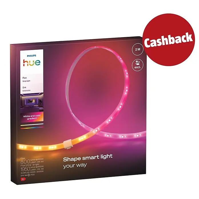 Philips Hue LED-Stripes White and Color Gradient Erweiterung Flux - Länge: 2 m, Lichtfarbe: RGBW, 2.000 lm - 4.800 lm, 20 W - Philips Hue intelligente Lichtleiste in der Verkaufsverpackung, zeigt Farbverläufe und einen „Cashback“-Aufkleber.
