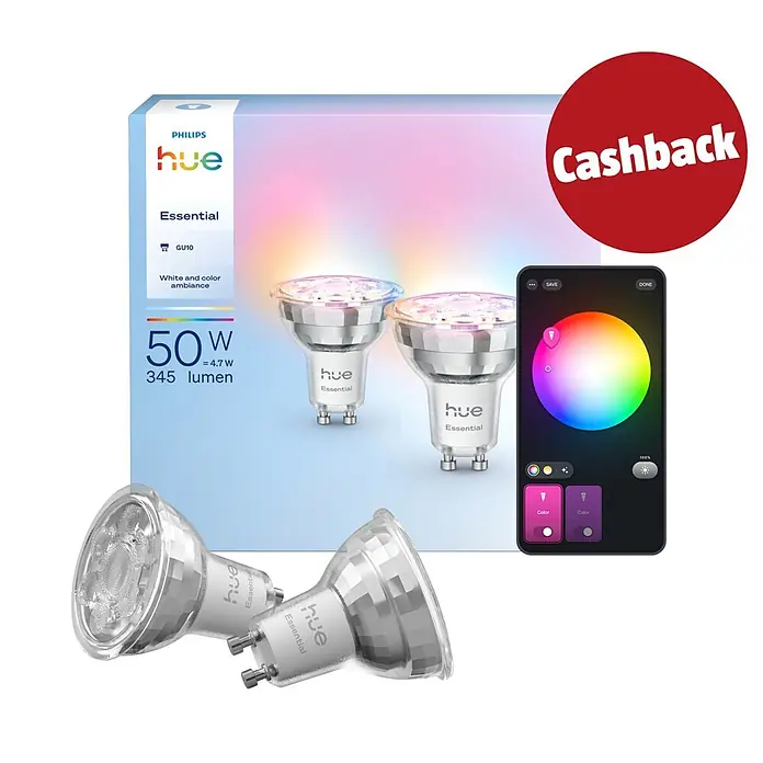 Philips Hue Smart-LED-Lampe Set Essential - GU10, Dimmbar, RGBW, 345 lm, 4,7 W, 2 Stk. - Philips Hue Essential GU10 Smart-LED-Lampen (2er-Pack) in Verpackung, einzeln und mit Farbsteuerungs-App. Mit Weiß- und Farbstimmung.