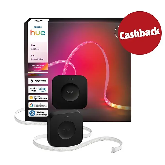 Philips Hue LED-Stripes Flux Starter Kit Pro - 6 m, RGBW, 2.000 lm - Philips Hue Smart-Lichtleisten-Starter-Kit: beleuchtete Farbverlauf-Lichtleiste, zwei schwarze Hue Bridges, Produktverpackung mit 'Cashback'-Sticker.