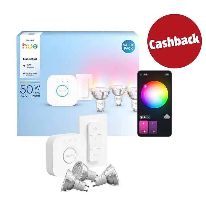 Philips Hue Smart-LED-Lampe Set Essential mit Dimmcontroller, Steuerzentrale - GU10, Dimmbar, RGBW, 345 lm, 4,7 W, 3 Stk. - Philips Hue Essential GU10 Starter-Kit: weiße Bridge, Fernbedienung, drei smarte Lampen und Smartphone-App-Anzeige.