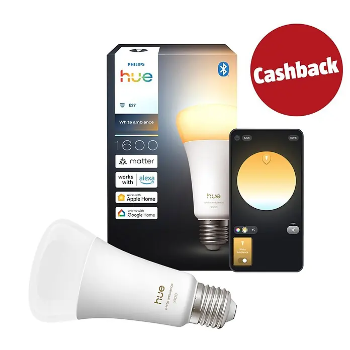 Philips Hue Smart-LED-Lampe White Ambiance 1600 matter - E27, Dimmbar, Kaltweiß, 1.600 lm, 11,8 W - Philips Hue E27 White ambiance Smart-Birne, Box, App-Ansicht und „Cashback“-Aufkleber.