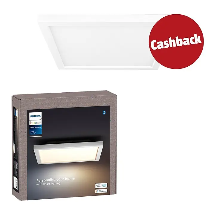 Philips Hue LED-Panel Auerelle - 19 W, L x B x H: 30 x 30 x 4,8 cm, Warmweiß - Weißes Philips Hue Smart LED-Panel mit Verpackung und 'Cashback'-Aufkleber.